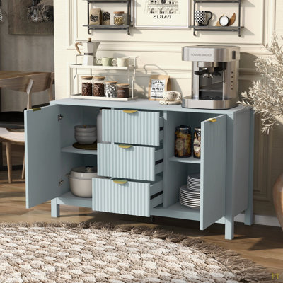 Buffet à motif ondulé - 3 tablettes réglables, 3 tiroirs et portes à fermeture en douceur, console de rangement avec poignées en métal, convient pour le bureau, le couloir et le salon