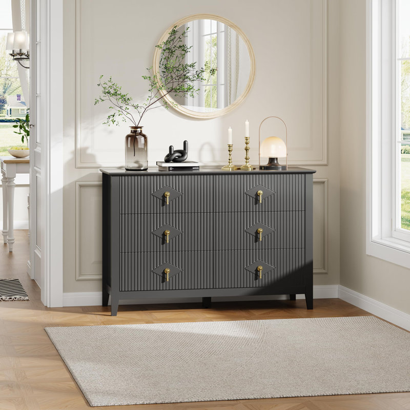 48" Wide 6 Drawer Dresser for Bedroom, Modern Wood Chest of Drawers with Metal Handles Storage Organizer, Black