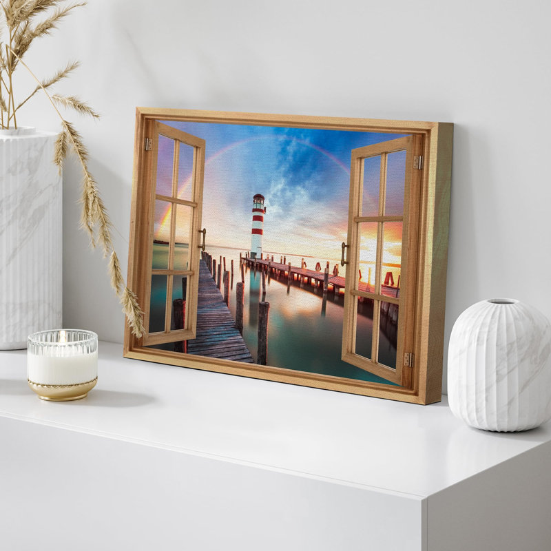 "Fenêtre, coucher de soleil, phare, jetée, nautique, décor côtier, images naturelles, décor, paysage rustique" sur toile