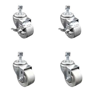 Semi Steel Swivel TS Caster Set 4 w/Roller Bearing-3" Wheels&1/2" Stems-2 w/BRK