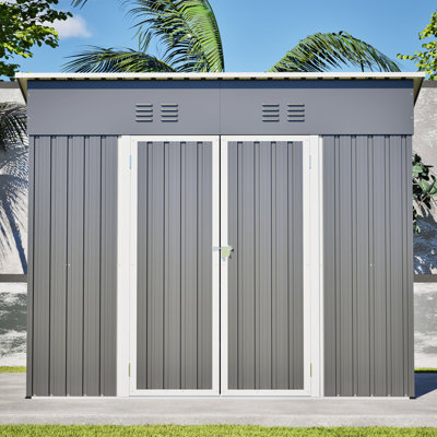 4X8 Ft Outdoor Storage Solution With Sloping Roof, 4 Air Vents, Heavy-Duty Metal, And Left/Right Door For Garden Pet Organization Metal Shed Tool Shelter In Yard