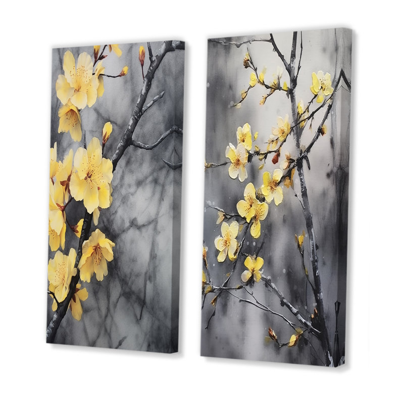 Fleurs de cerisier jaunes et grises - ensemble de 2 reproductions d'art mural cerisier, H 32 po x l 33 po, Toile tendue