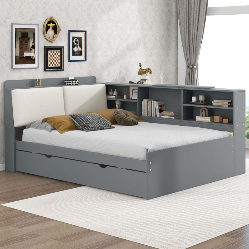 Lit plateforme avec lit gigogne, Gris, Double