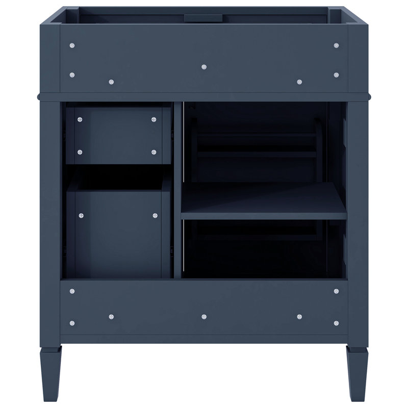 Meuble-lavabo moderne de 30 po avec 3 tiroirs, organisateur de porte d'armoire, tablette réglable, tiroir escamotable, rangement divers, pieds en bois massif et bleu, pieds romains, poignée texturée, glissières en métal lisse, design