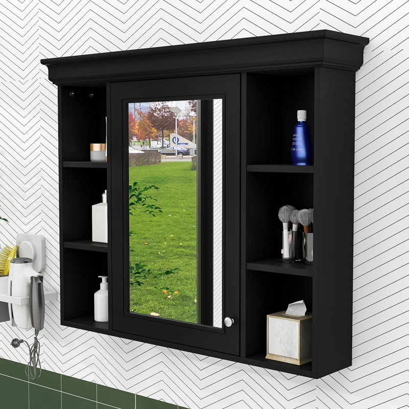 Armoire de rangement murale élégante avec porte miroir, Noir, noir, noir, noir