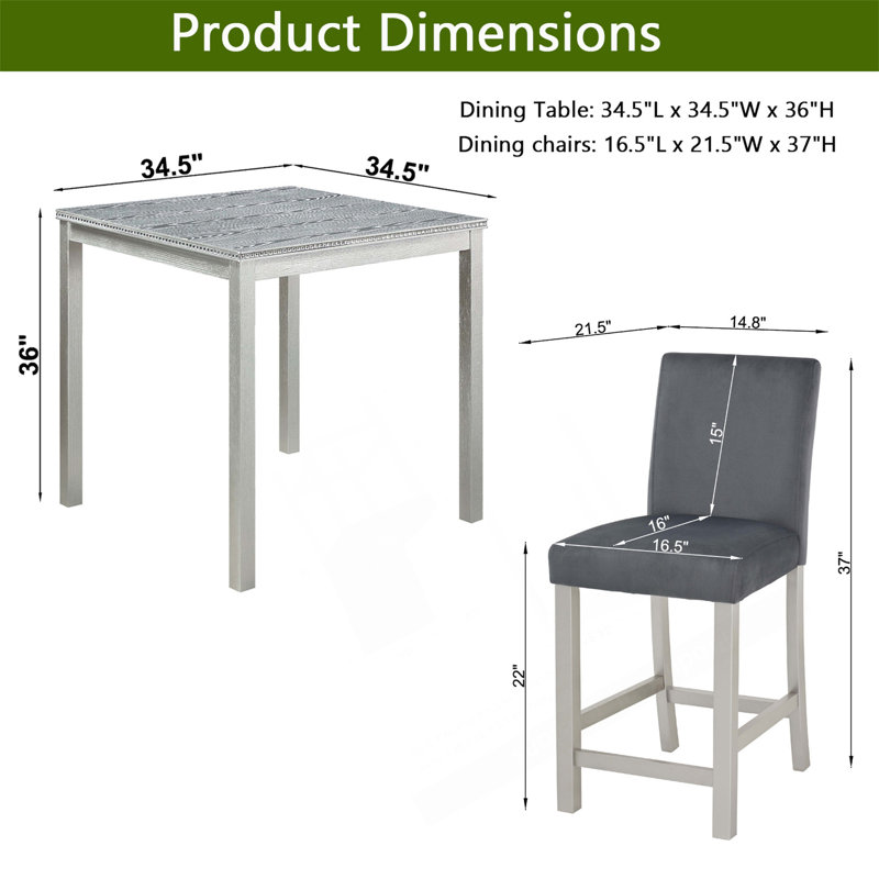 Ensemble de salle à manger 5 pièces à hauteur de comptoir avec chaises rembourrées et table garnie de cristal, Gris argenté