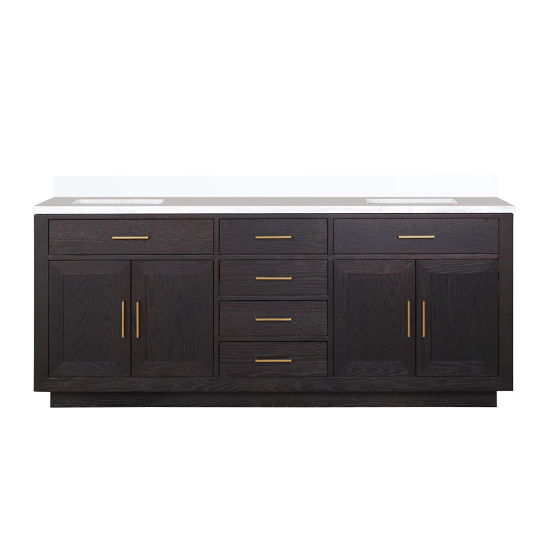 Ensemble de meuble-lavabo double 80 ", Chêne noir, Marbre de culture blanc
