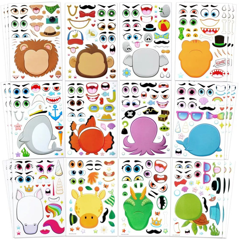 36 feuilles d'autocollants de 9 x 6 pouces pour enfants - Mix & Match Safari, mer et fantaisie
