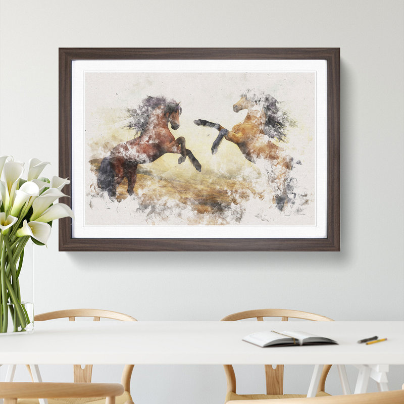 Two Wild Stallion Horses - Single Picture Frame Print on MDF, 35cm H x 50cm W x 2cm D, Walnut