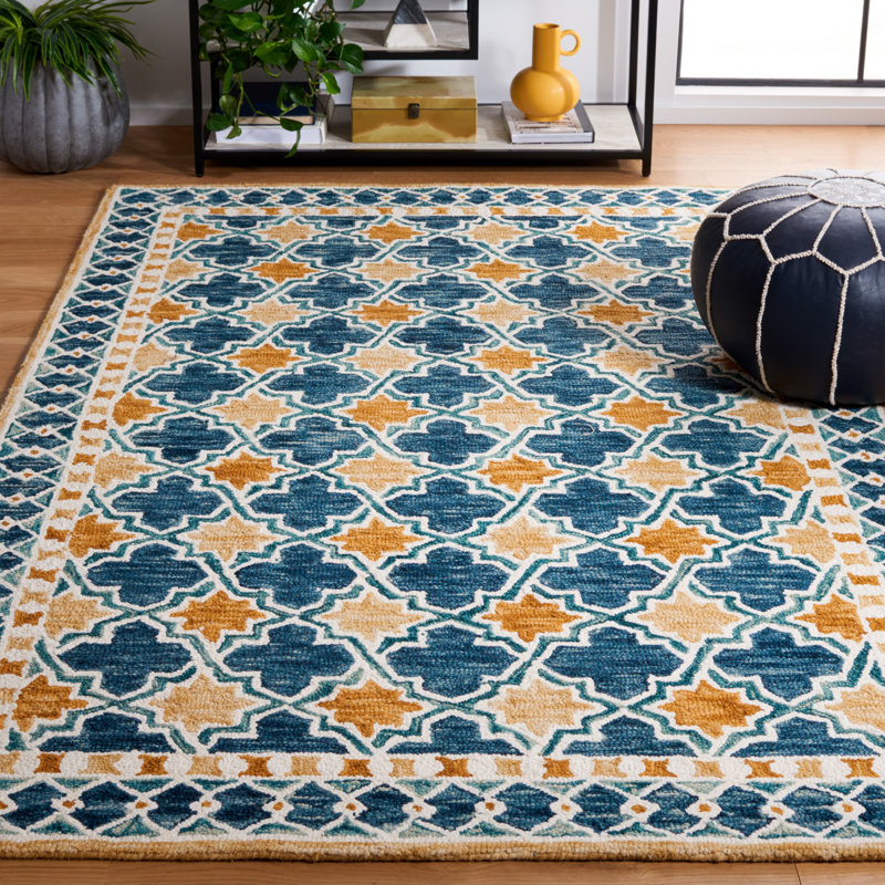 Tapis bleu marine / jaune en laine / coton touffeté à la main, Rectangle 6 pi x 9 pi