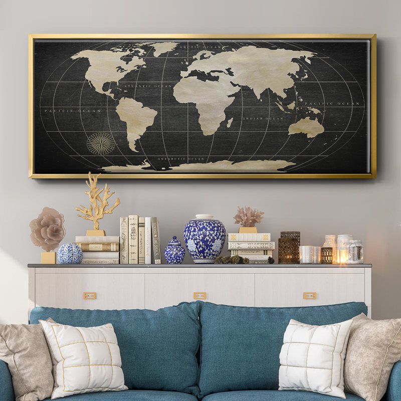 Carte du monde rétro - toile encadrée, H 12 po x l 30 po