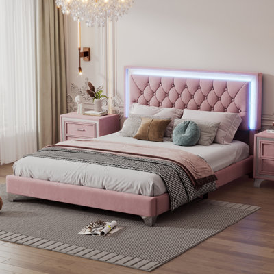 Upholstered Bed Frame With LED Lights,Modern Velvet Platform Bed With Tufted Headboard by Trule