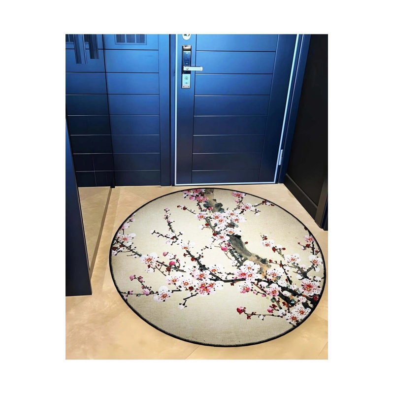 Gray Theme Tree Branch And Peach Blossom Patterned Round Woven Base Modern Decorative Carpet, Round 4'
