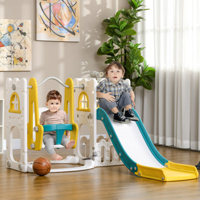 Qaba 6 In 1 Toddler Slide And Swing Set, Baby Slide For Age 1-3 Years With Basketball Hoop, Climber, Storage Space, Telescope, Indoor Playground