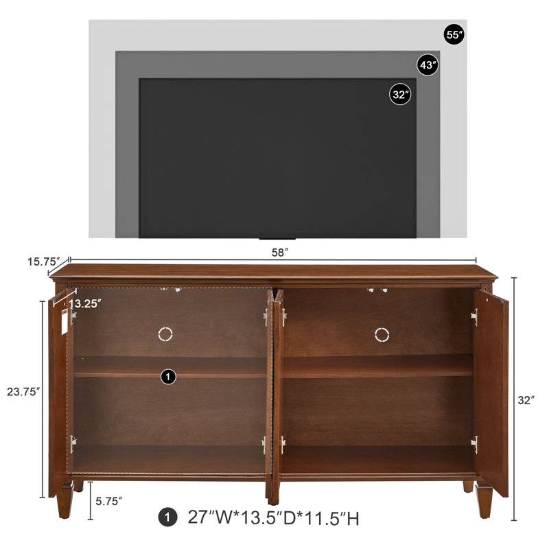 Meuble télé Mid-Century moderne avec rangement, meuble télé en bois 58 po avec portes à motif géométrique et pieds fuselés