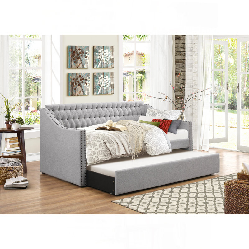 Modern Design Gray Fabric Upholstered 1Pc Sofa Bed W Trundle Button-Tufted Detail Nailhead Trim Daybed Wooden Furniture, Gray