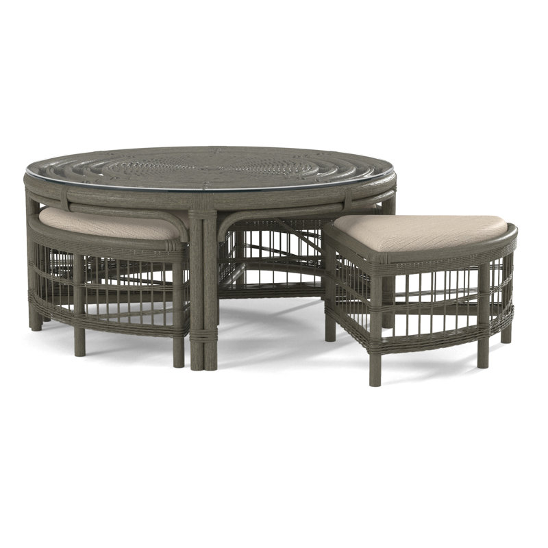 Raffles Rattan Cocktail Table with Benches, Greystone, Green Performance Fabric; 0851-54