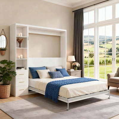 Lit escamotable mural avec armoire latérale simple, grand lit blanc et cadre de lit gris pour les chambres d'hôtel