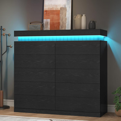 10 Drawer Dresser With Led Light And Charging Station, Black