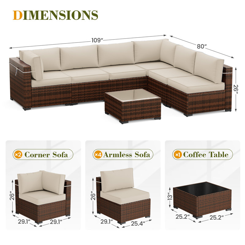 Keyala 7 Piece Rattan Sectional Seating Group with Cushions, Cream
