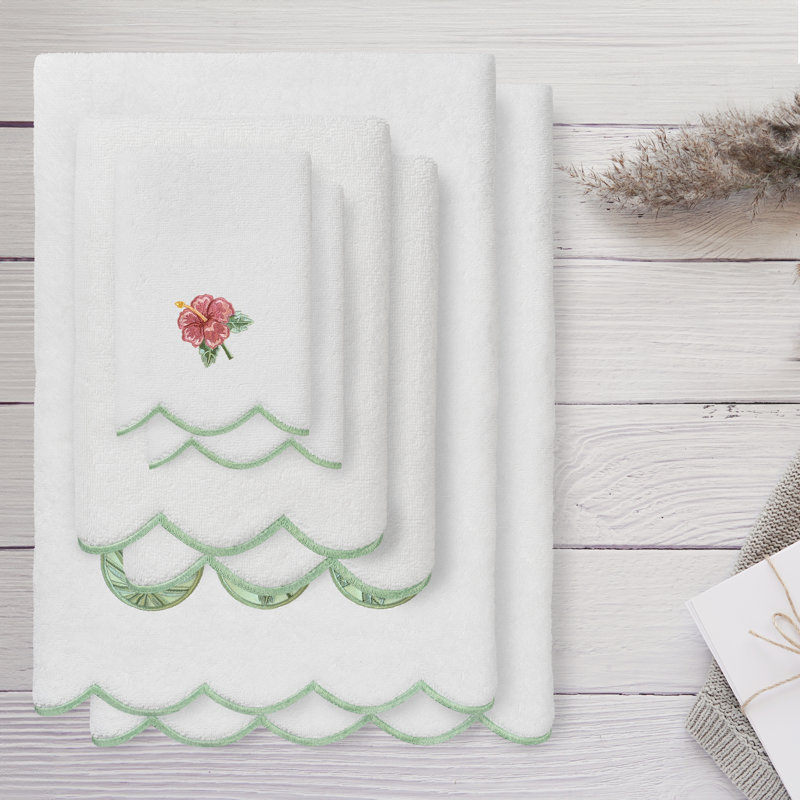  100% Turkish Cotton MAUI Scallop 6PC Embellished Towel Set, White/Green, 6 Piece Towel Set