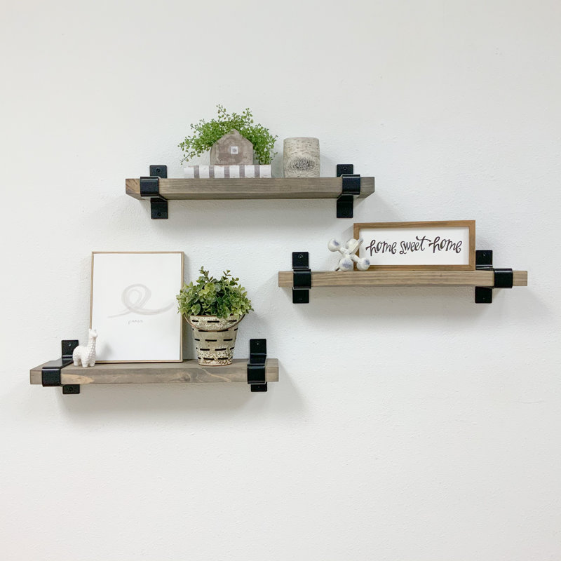 Roanoke 3 Piece Metal and Solid Wood Bracket Shelf, 6" H x 24" W x 6" D, Gray