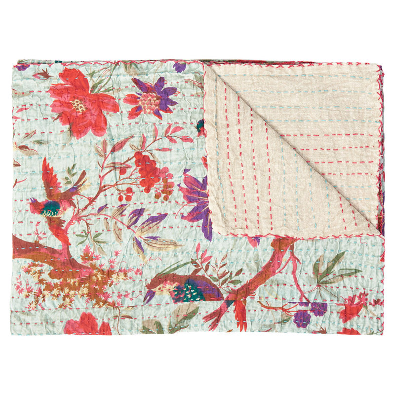 50" x 70" Pink and Ivory Kantha Cotton Floral Embroidered Throw Blanket