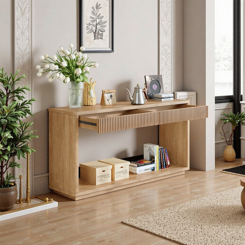 Console cannelée moderne 60 po à 2 tiroirs avec table généreuse et rangement caché, Bois naturel