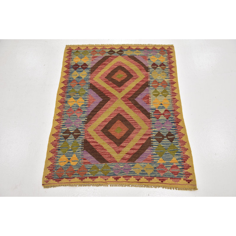 Tapis de zone en laine beige/rouge 3 pi 2 po x 3 pi 9 po main one-of-kind noué la Lorain