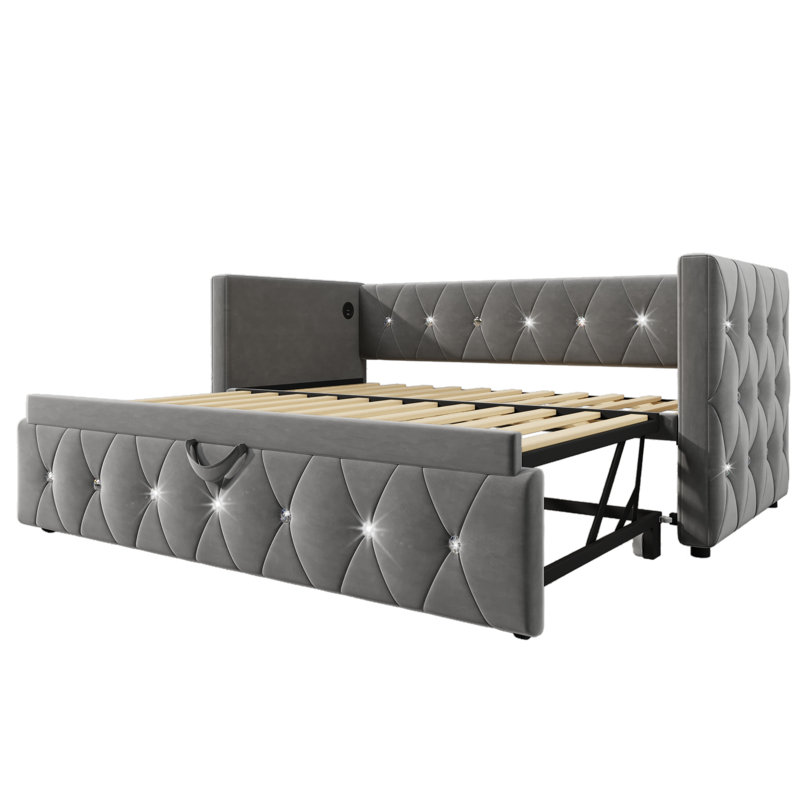 Bencar Upholstered Velvet Daybed with Trundle Bed, Grey