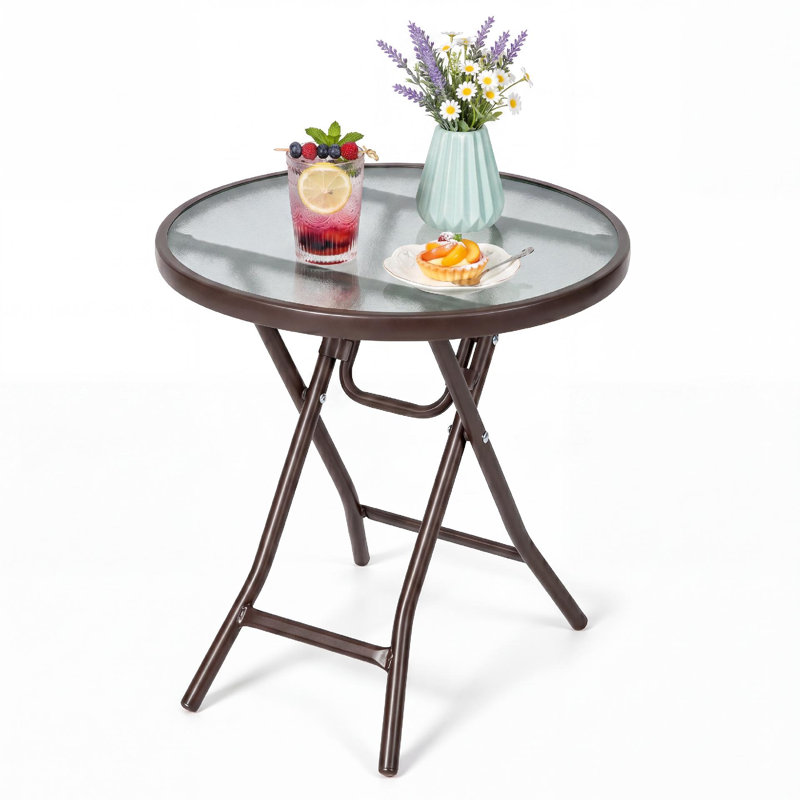 Table basse ronde d'appoint de 45,7 cm (18 po) avec dessus en verre trempé pour terrasse, couleur marron.