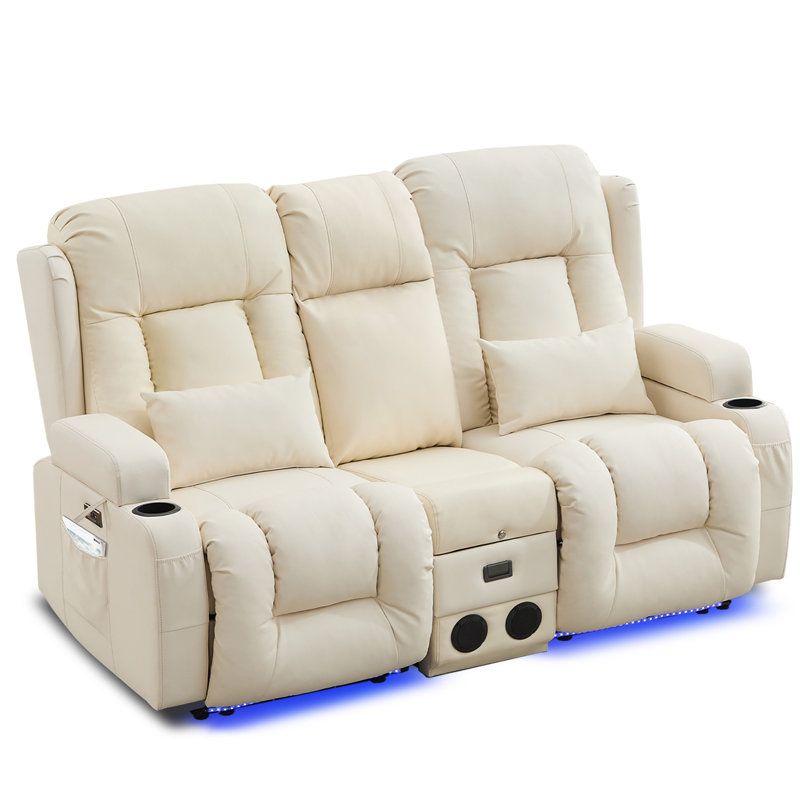 Power Reclining Sofa With Heat And Massage, Bluetooth Speakers And LED Lights, 3 Seater Dual Recliner Sofa With USB Ports And Cup Holders