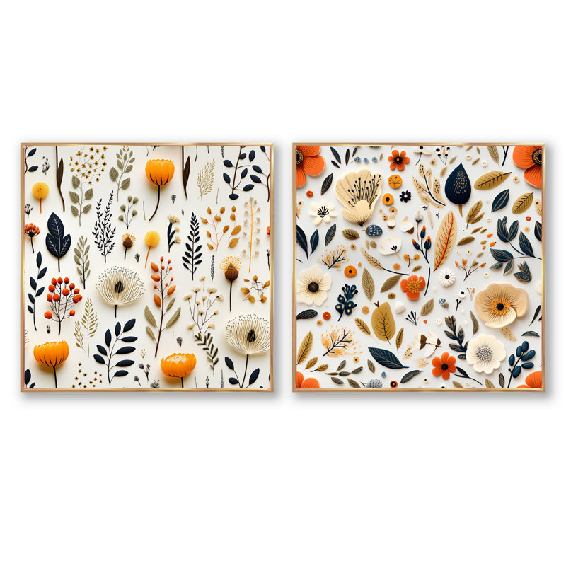 Ensemble de 2 collages blancs botaniques élégants scandinaves blancs II, Cadre flottant doré, H 36 po x l 73 po