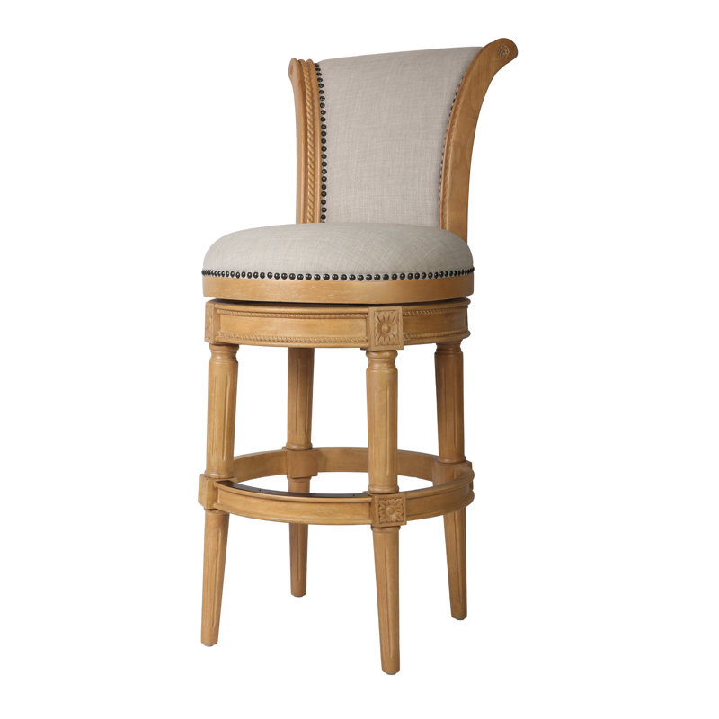 Chaise de bar pivotante de 30 po en tissu naturel et beige et en bois massif