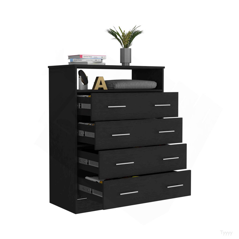 Commode 4 tiroirs Pérou, plateau supérieur, 1 tablette ouverte - noir, Noir