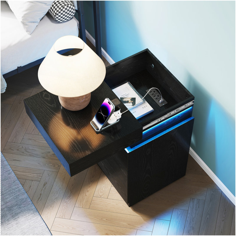 Table de chevet avec station de charge intégrée et éclairage DEL, table de chevet moderne à 3 tiroirs et table de bout en bois noir