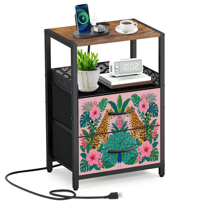 Table de chevet 2 tiroirs en tissu avec station de charge Leopard Jungle Animal Boho Leaf Leopards Peacocks