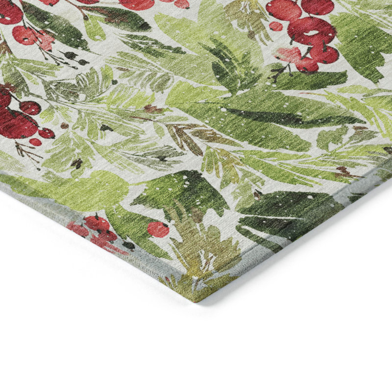 Tapis intérieur / extérieur cerise de Noël lavable à la machine Xhevrie Aloe, Rectangle 9 pi x 12 pi