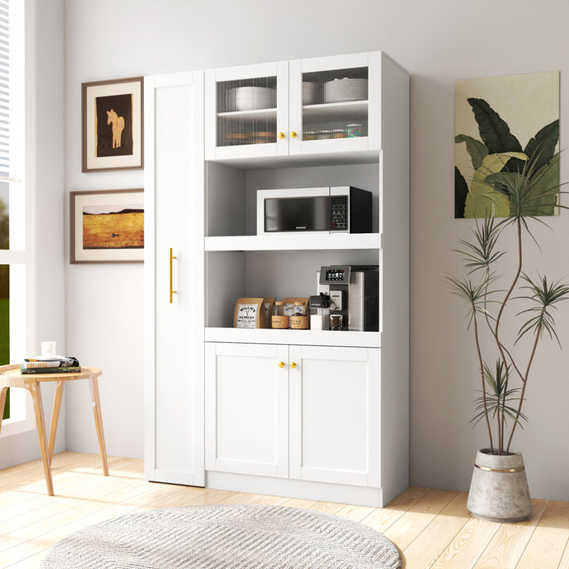 Armoire de garde-manger avec étagère de rangement multifonctionnelle à 4 portes Farmhouse, White, Gold