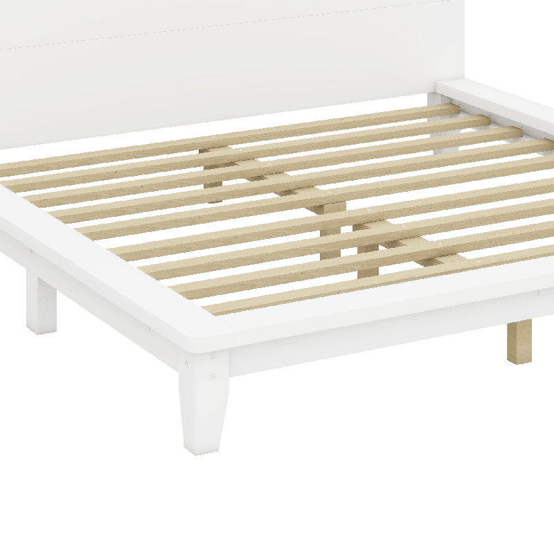 Lit plateforme en bois avec tête de lit, structure de lit moderne et robuste avec support en lattes de bois, Full, White
