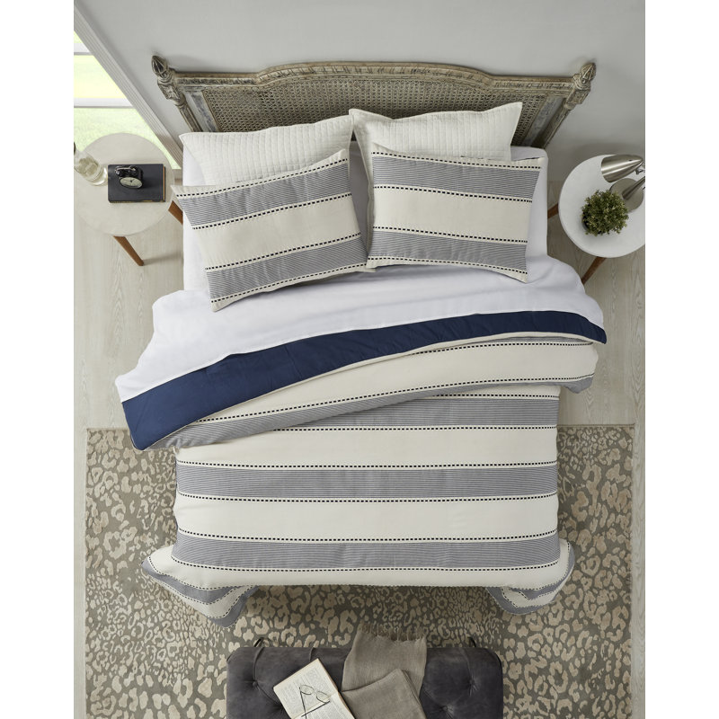 Ivory and Navy Striped Microfiber Queen Comforter Set