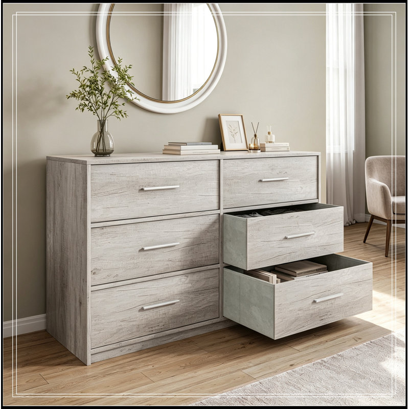 Commode d'appoint en bois avec 6 tiroirs et poignées en métal, Gris