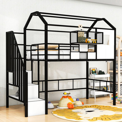 Lit mezzanine simple avec escalier, tablettes de rangement et garde-corps