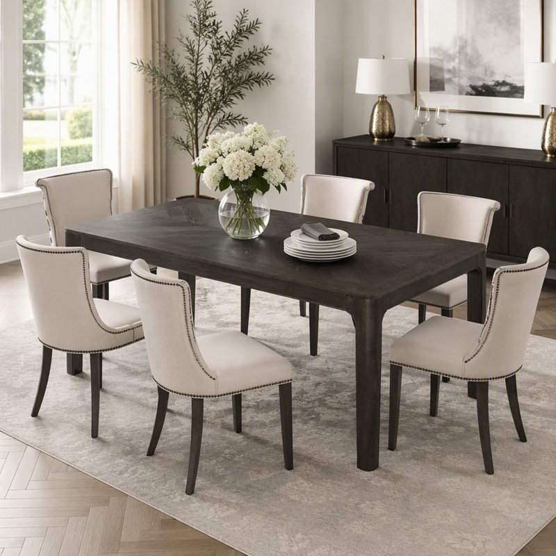 Table de salle à manger rectangulaire avec plateau de style parquet, coins arrondis et pieds réglables pour les intérieurs modernes