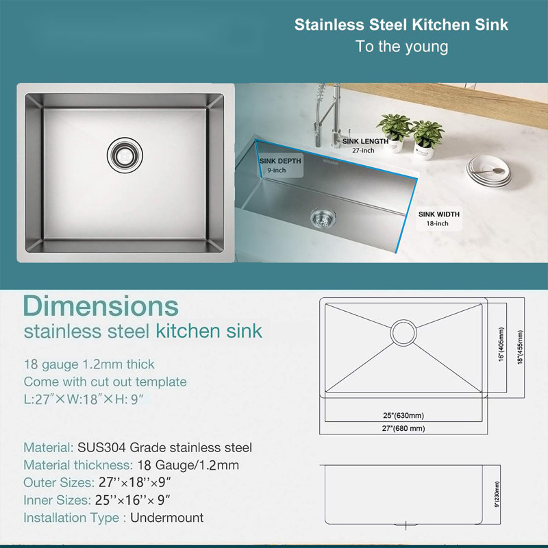 27* 18-inch stainless steel kitchen sink