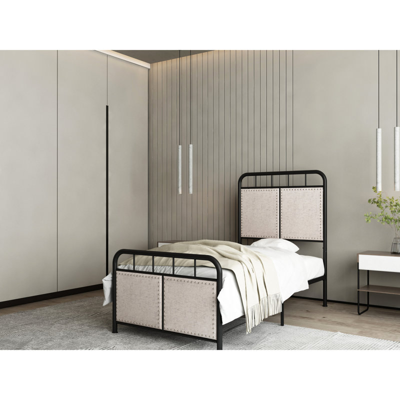 Structure de lit plateforme en métal revêtu de lin de taille simple - incontournable pour la chambre à coucher moderne, fabrication, nuits silencieuses, processus d'assemblage facile, pas de sommier tapissier, beige, tissu d'un poids maximal de 250 lb