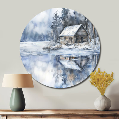 Hiver cabane dans les bois - art mural rond en métal Lakes Lakehouse