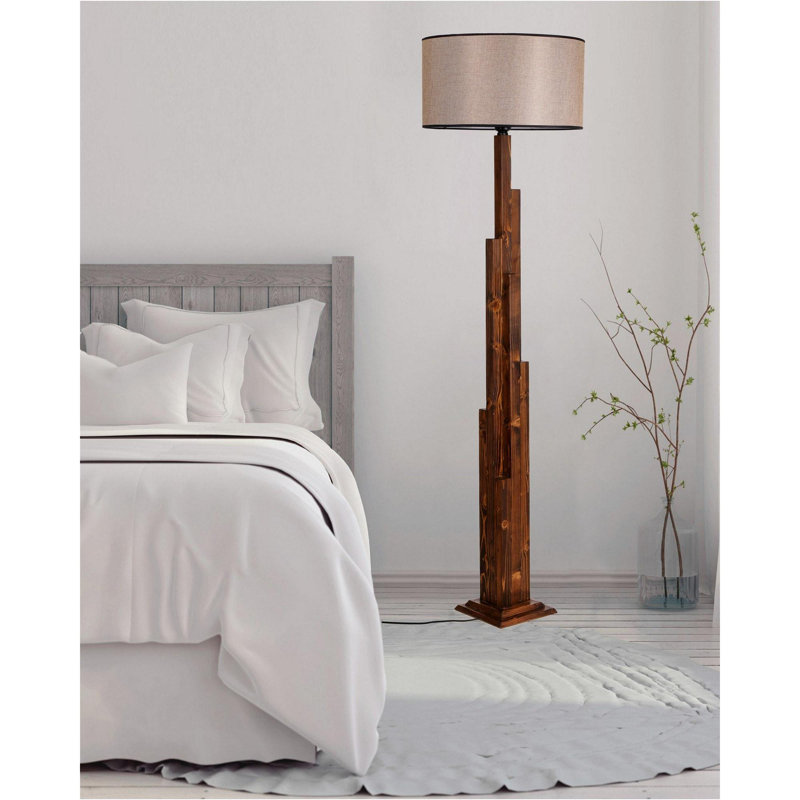 Luro Elegant Wooden Floor Lamp, Walnut Finish, 63.0 inches Tall | Fabric Lampshade (17.7 in Diameter) | E27 Socket, Max 60W | On/Off Switch on Cable | Stylish Lighting for Living Room, Bedroom & Office
