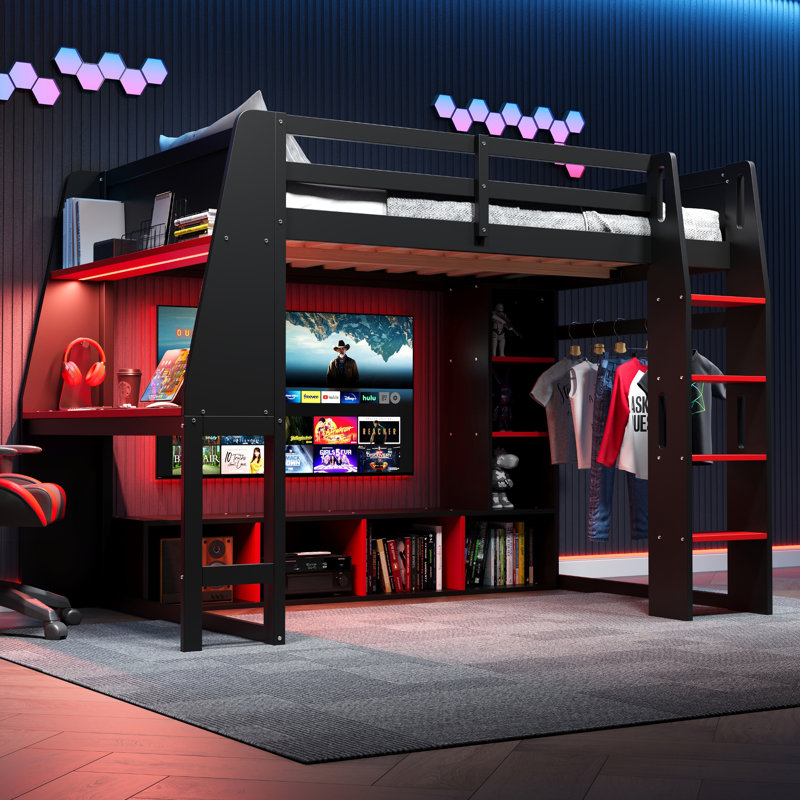 Lit mezzanine simple en bois avec bureau, étagères à rangement multiples, porte-vêtements à DEL et suspendu, noir