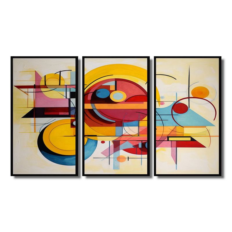 Jaune coucher de soleil déconstruit - ensemble d'art mural géométrique, Cadre flottant noir, H 40 po x l 60 po x P 1 po
